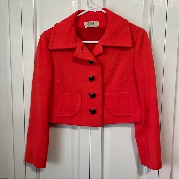 Vintage Mod 1960's Cropped Boxy Knit Blazer Jacket Neon Bright Red Orange - Picture 12 of 12